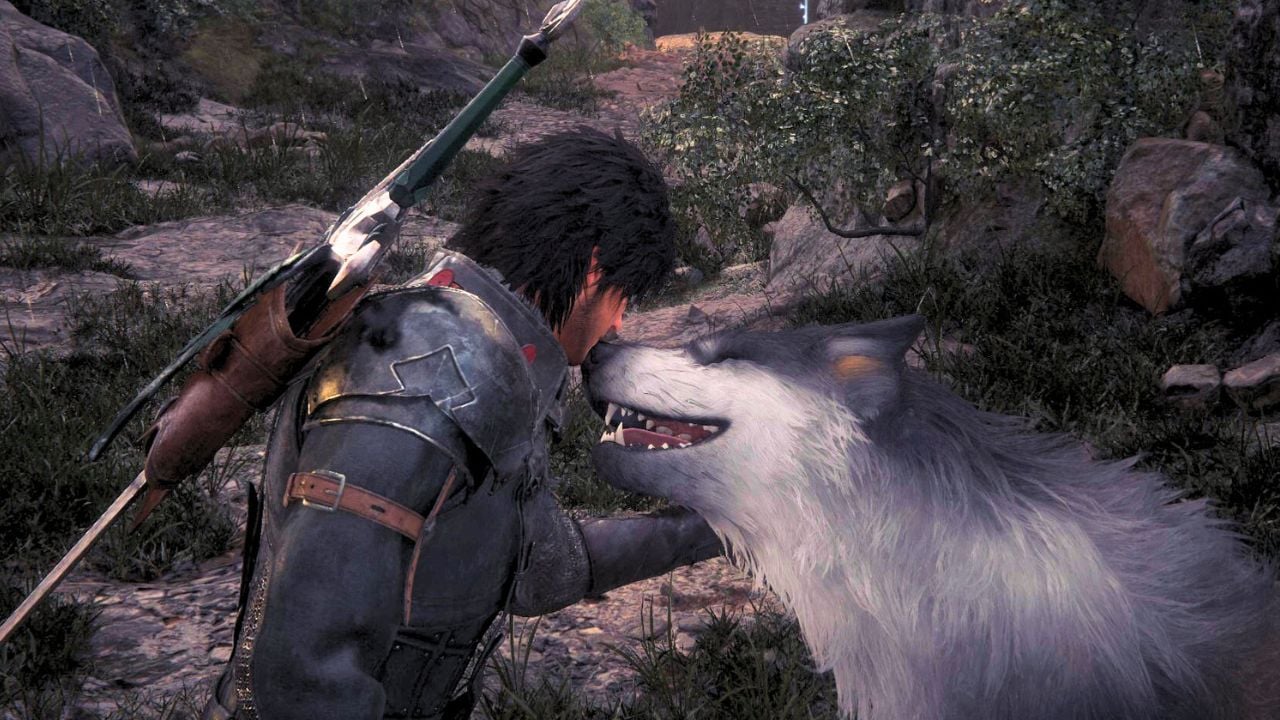Man in armor scratching the chin of a gray and white dog in Final Fantasy 16