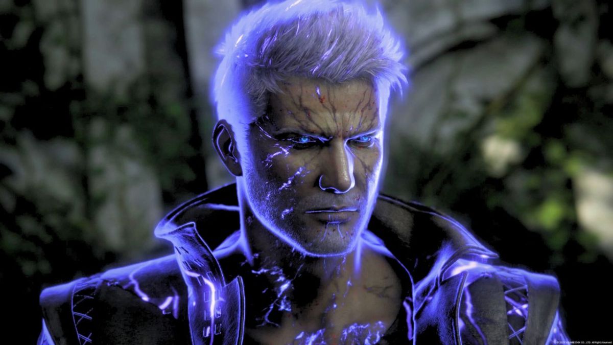 Man glowing purple with purple sparks in Final Fantasy 16