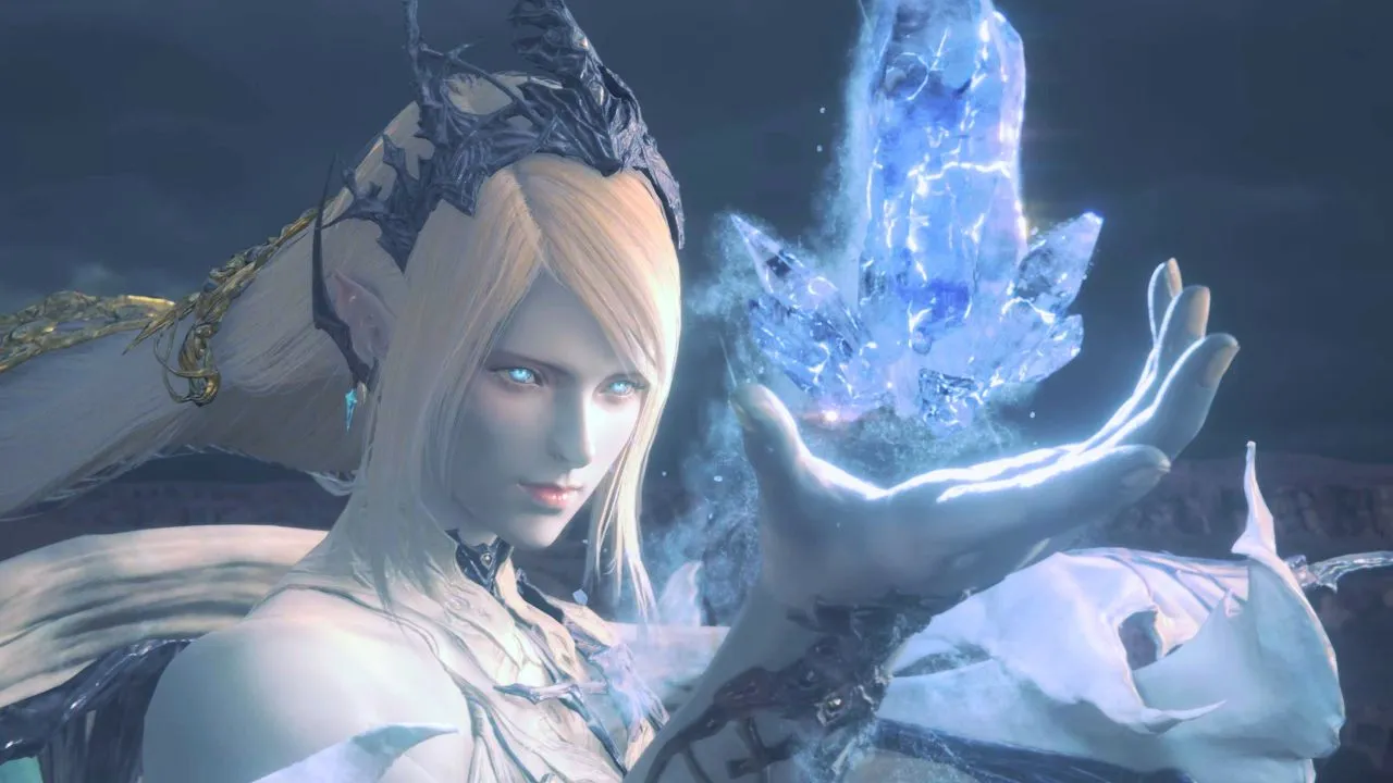 Light haired woman holding ice in her hand in Final Fantasy 16
