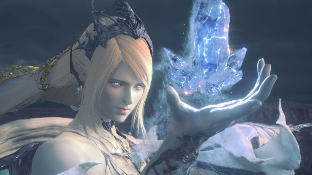 Light haired woman wearing crown with glowing eyes and ice in her hand in Final Fantasy 16.