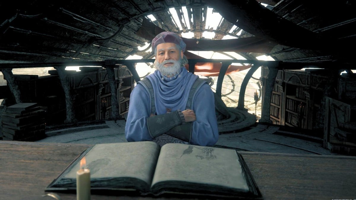 Elderly man sitting at a table with an open book and a candle on the desk in front of him in Final Fantasy 16.