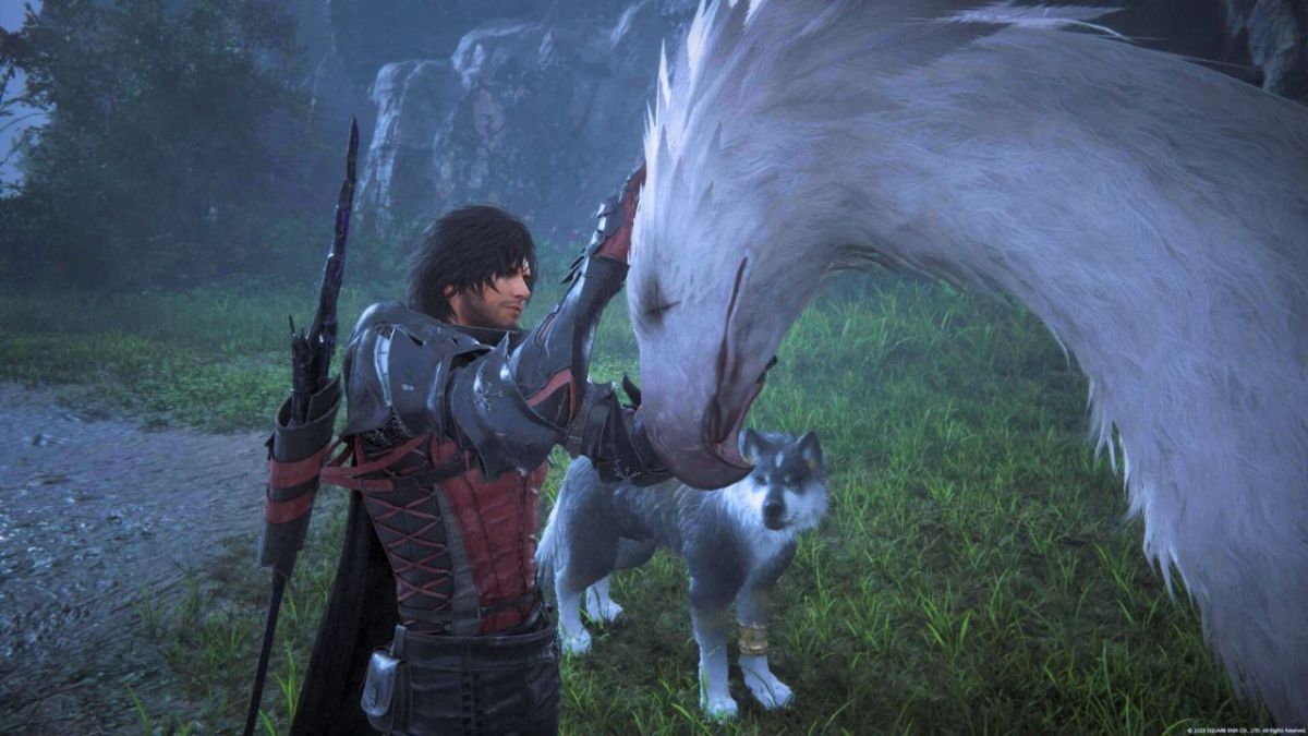 Dark-haired man petting the head of a one-eyed bird next to a large dog in FInal Fantasy