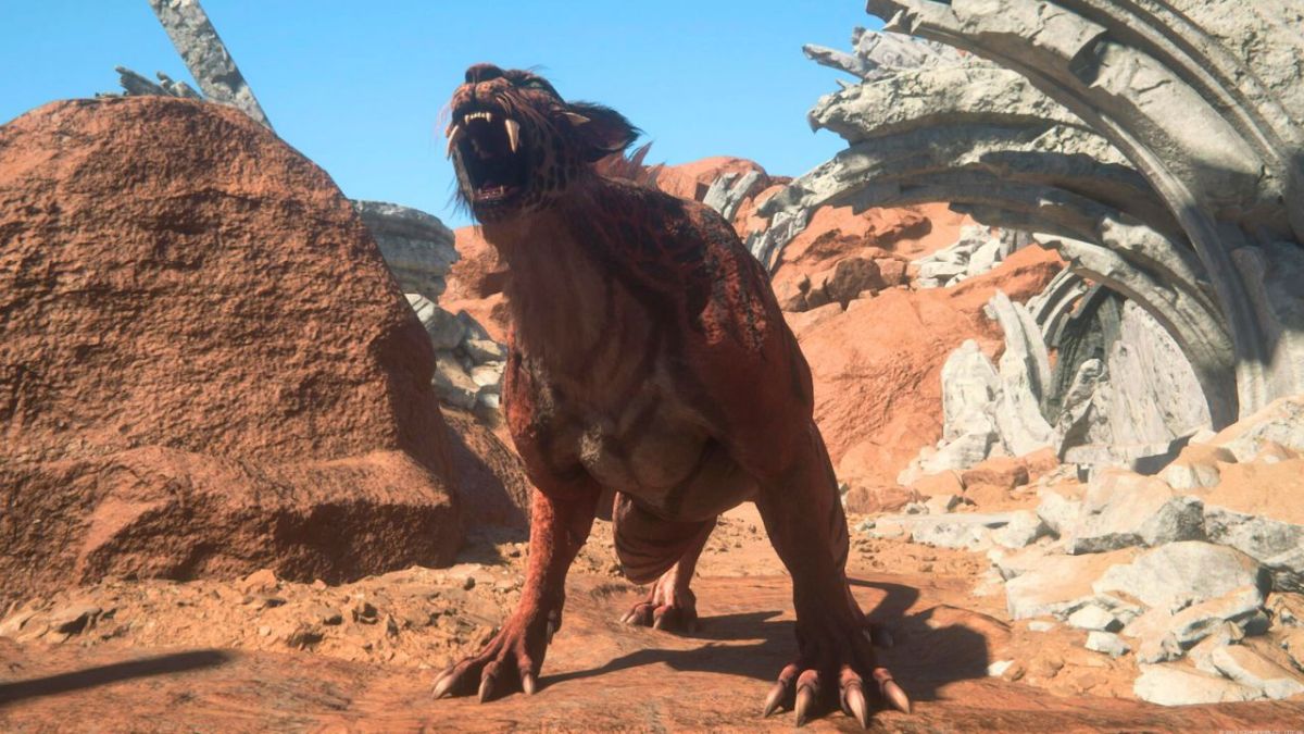 A large cat with spots roaring in the desert in Final Fantasy 16