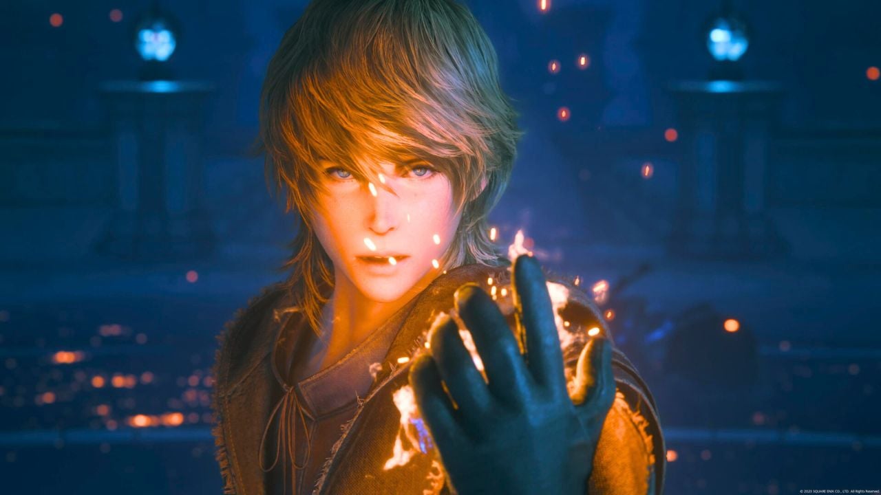 Man with blonde hair with magical fire in his hand in Final Fantasy 16.