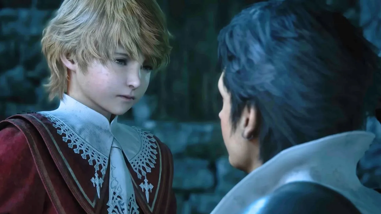 Young blonde boy and a teenager with black hair staring at each other in Final Fantasy 16