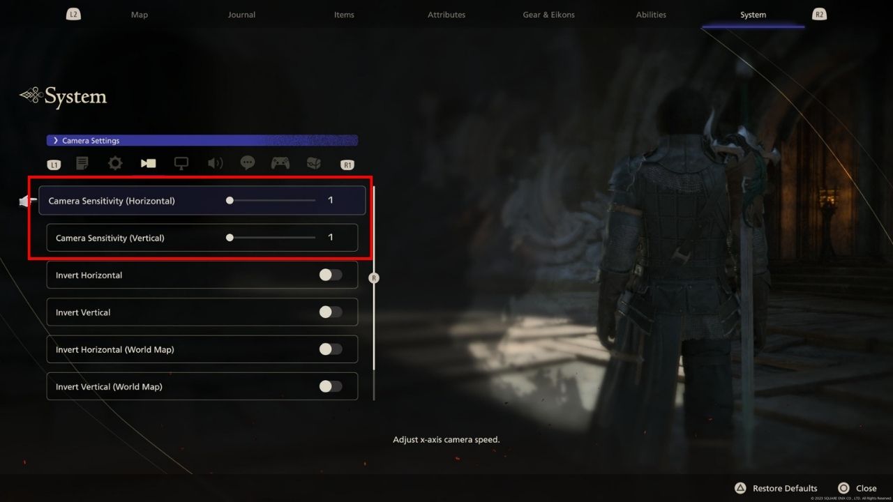 Red box outlining camera sensitivity bar in Final Fantasy 16