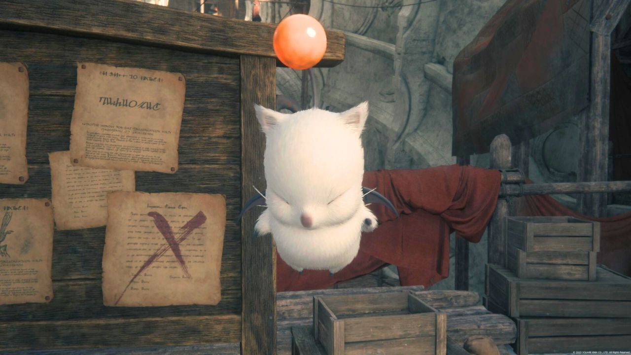 Flying white creature with an orange ball on its head next to a board covered in paper in Final Fantasy 16