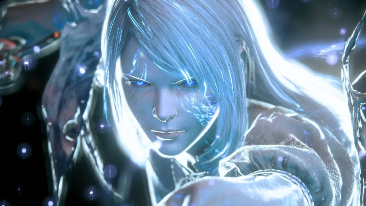 Woman with long hair and glowing blue eyes surrounded by snowflakes in Final Fantasy 16