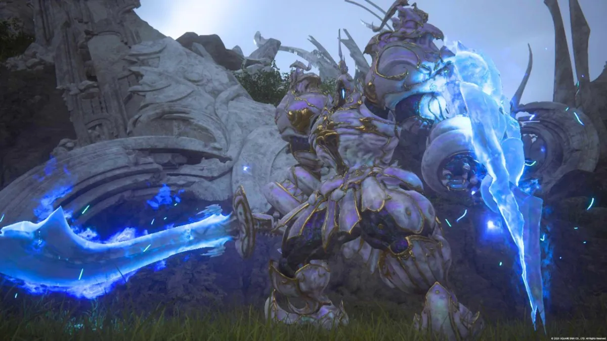 Large stone man with two glowing blue swords in Final Fantasy 16