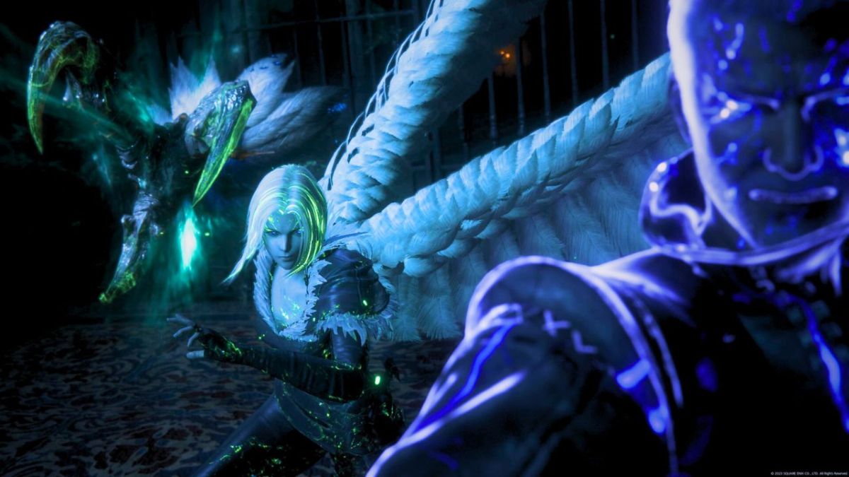 Green winged woman's claw attacking glowing purple man in Final Fantasy 16