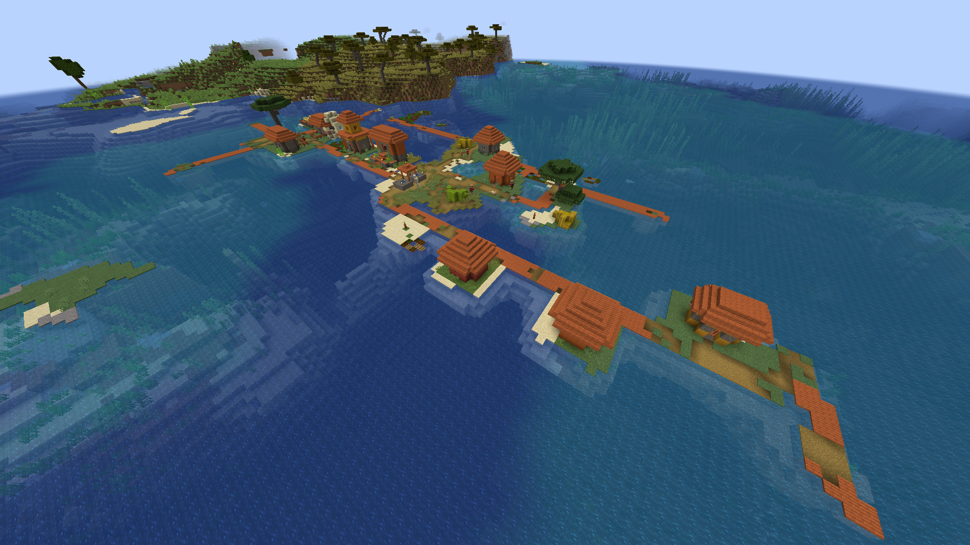 En flydende landsby på vandet i Minecraft