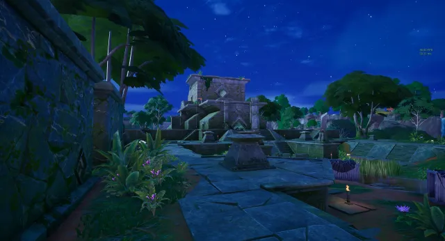 Fortnite's Rumble Ruins POI. A temple in the middle of a jungle.