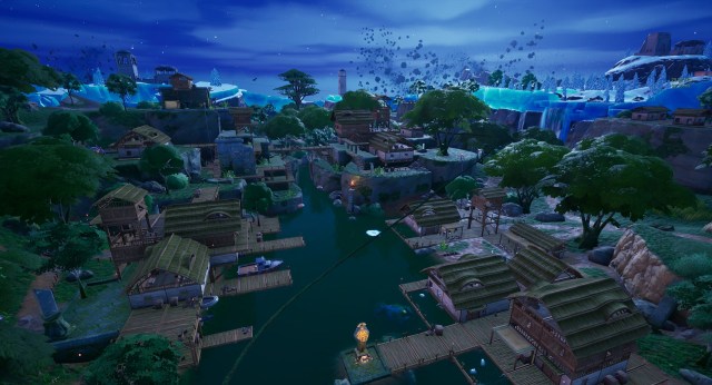 Shady Stilts in Fortnite, an area of wooden buildings surrounded by water and ice. 