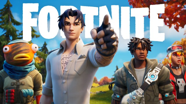 Four Fortnite characters standing on the new map Fortnite Wilds island.