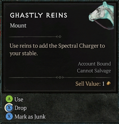 The item tooltip for the Ghastly Reins in Diablo 4, which tells the player to use them if they want to unlock the Spectral Charger mount.