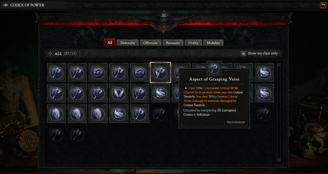 The base version of the Aspect of Grasping Veins, as seen in the Codex of Power in Diablo 4.