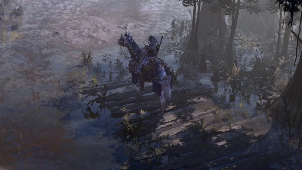 A character traversing through Hawezar on a horse in Diablo 4.