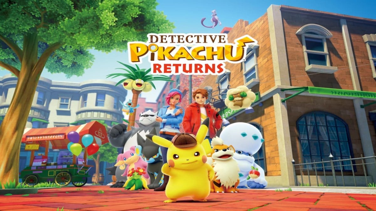 Detective Pikachu stands under the title of Detective Pikachu Returns alongside Tim Goodman and several Pokemon, including Growlithe, Exeggutor and Luxray.