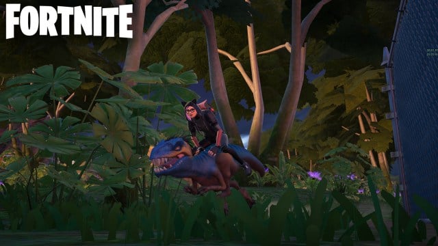 Fortnite character riding a raptor near Creeky Compound