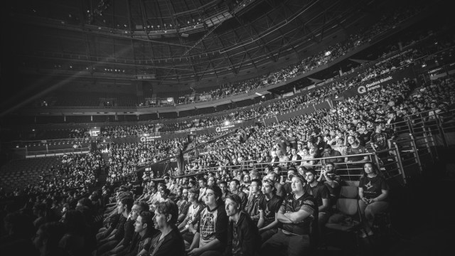 The IEM Sydney crowd, reverse shot, cheering on the Counter-Strike in Qudos Bank Arena in 2017.