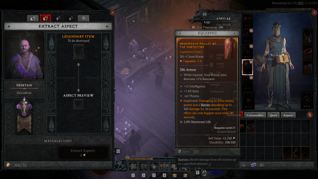 The Occultist crafting window in Diablo 4 showing the Extract Aspect option.