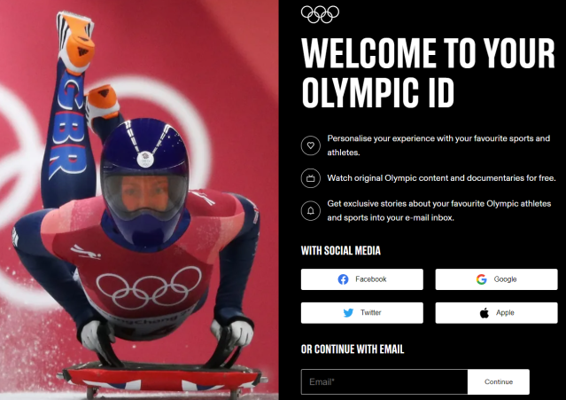 Log in screen in the official Olympics website.