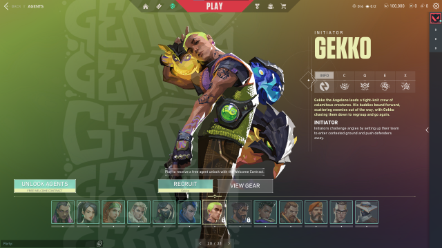 A screenshot of the Valorant agent Gekko as he appears in the Agent Menu in Valorant.