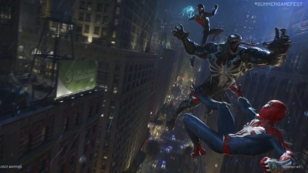 Artwork showing Venom going toe-to-toe with Peter Parker and Miles Morales.