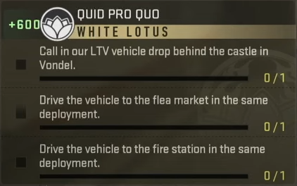 The mission list for Quid Pro Quo in DMZ.