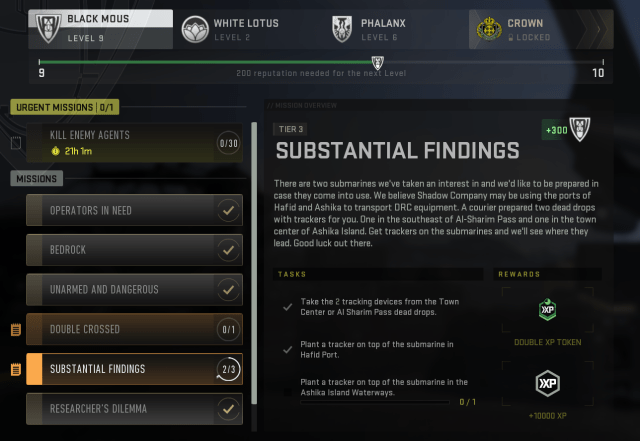 A main menu screen showing the mission details of the Substantial Findings faction mission in DMZ.