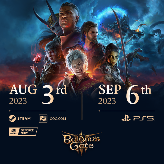 The characters of Baldur's Gate 3, with the new release date for PC (Aug. 3) and PS5 (Sept. 6).