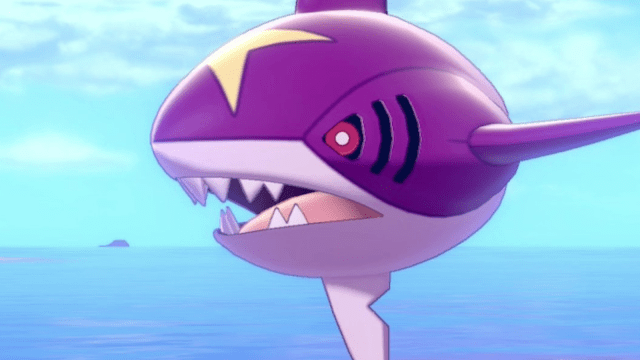 A Shiny Sharpedo, purple in color with a golden star, from the Pokémon Go game.
