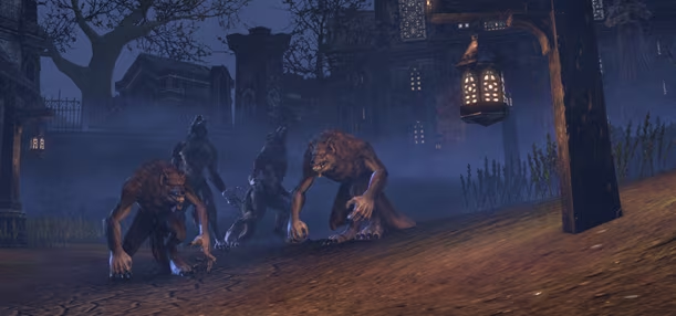 A a group of four werewolves in a misty city at night only iluminated by a coulpe of lanterns. There are two werewolves in the front and two howling in the back.