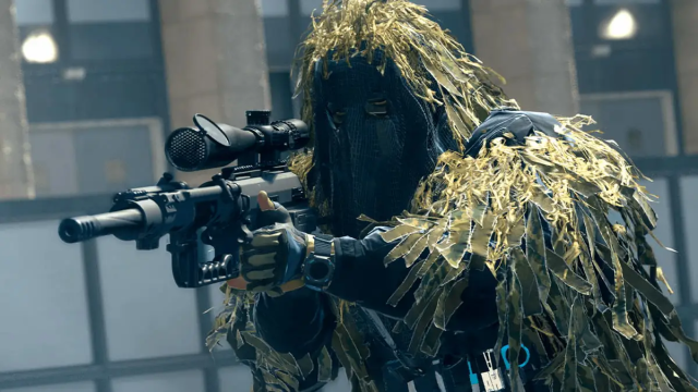 Call of Duty operator wearing a Ghillie suit holding a sniper rifle.
