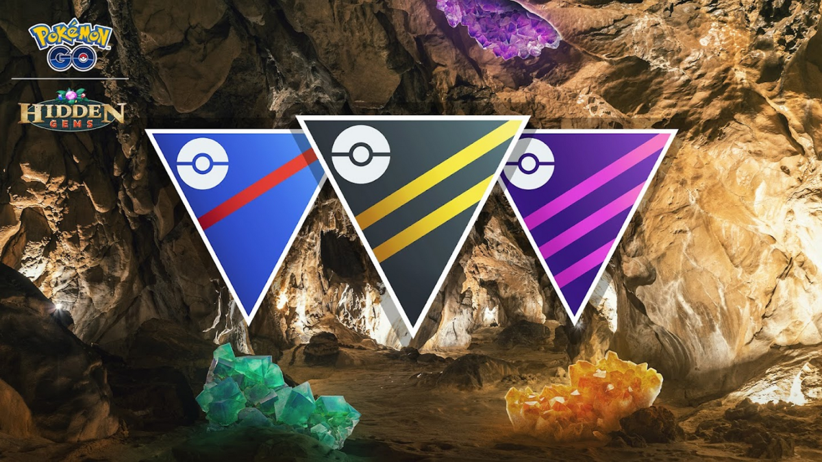 Pokemon Go: Hidden Gems event's promotional image with GO Battle League flags