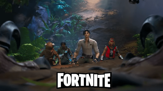 Four characters from Fortnite discovering the new map Wilds island.