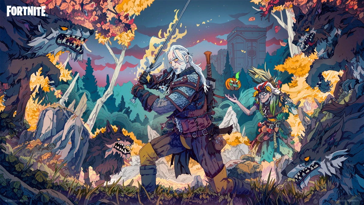 Promotional art for collaboration event between Fortnite and The Witcher, showing Geralt surrounded by monsters.