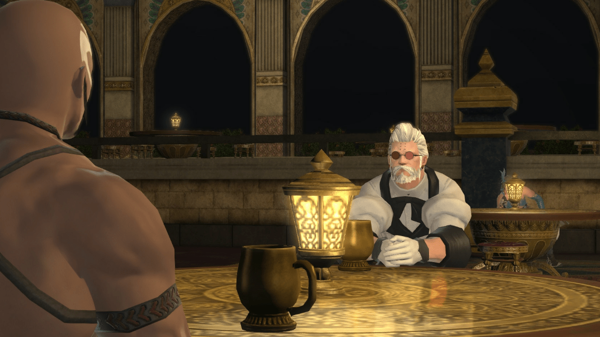 Lord Godbert speaking to Gerolt while sitting to a table in Final Fantasy XIV.