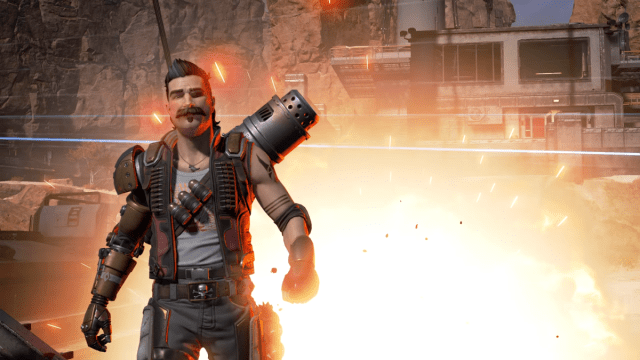 A screenshot of Fuse in Apex Legends walking away from an explosion.