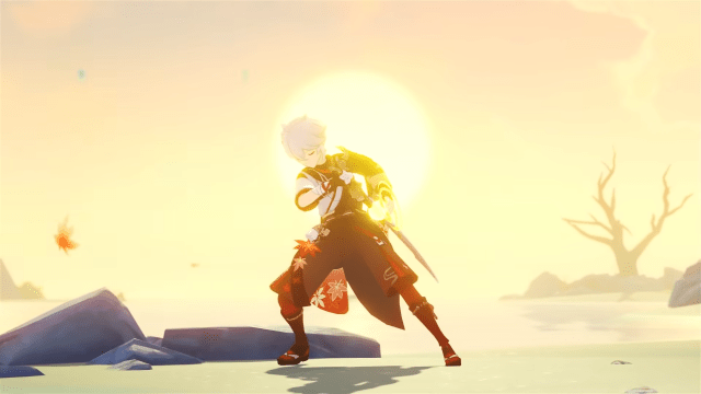 Kazuha standing in front of a setting sun on the beach and putting his sword back in its sheath. 