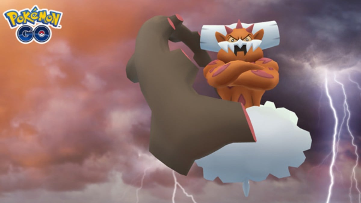 Landorus floating in a stormy sky Pokémon Go.