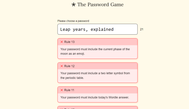 A screenshot from The Password Game with rules and requirements listed.