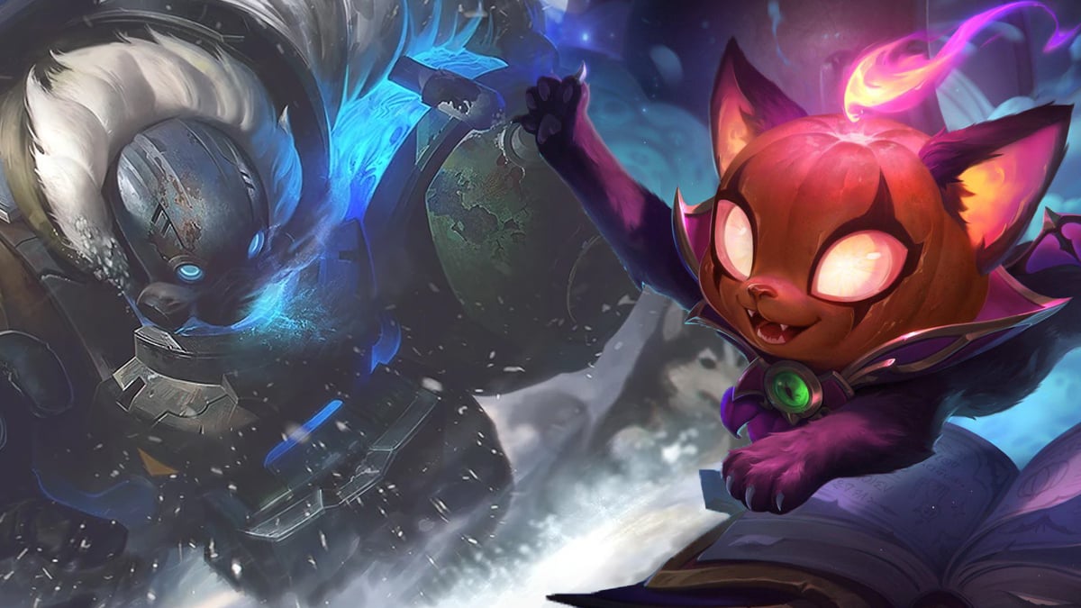 Gragas (left) and Yuumi (right) in their respective poses, superimposed over one another in League of Legends.