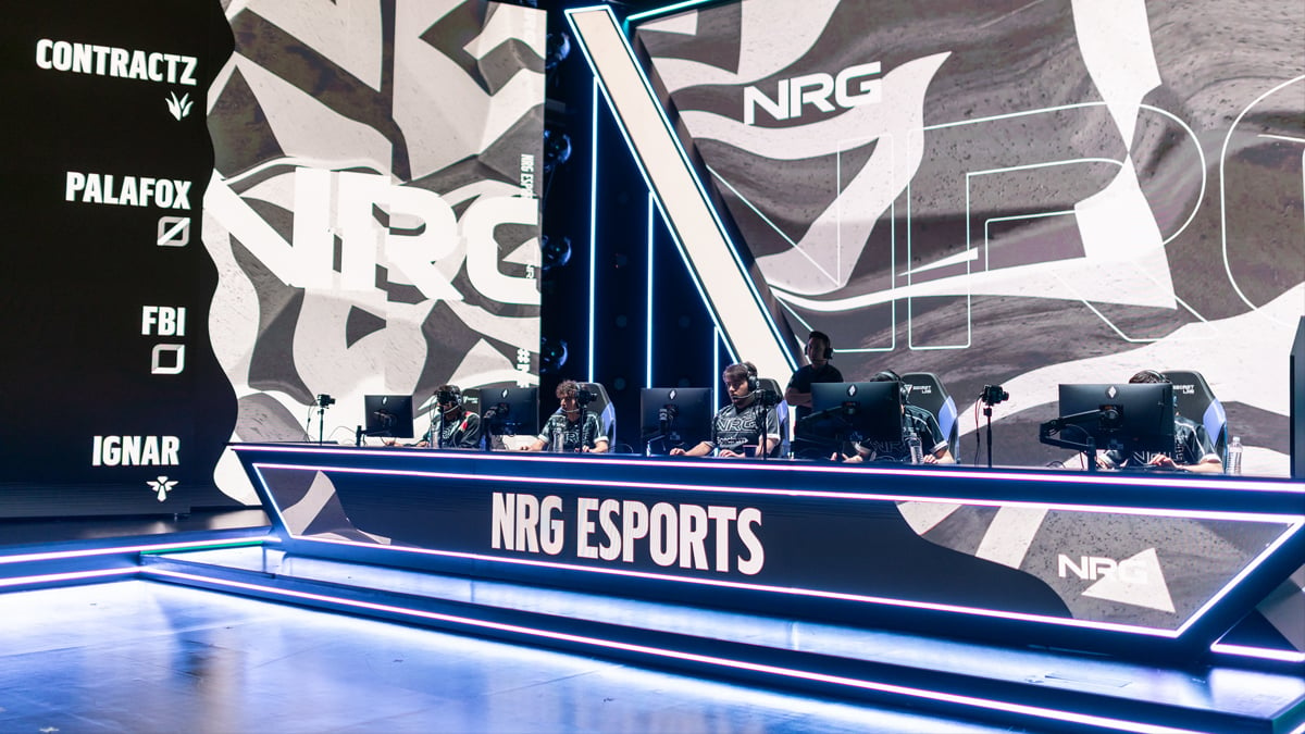 The NRG League of Legends team playing on-stage at the LCS Summer Split 2023.