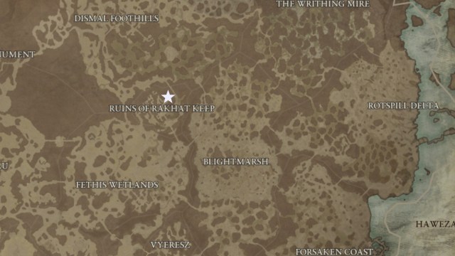 A section of the Diablo 4 map focused on the Hawezar region, with the Iron Hold dungeon highlighted by a white star.