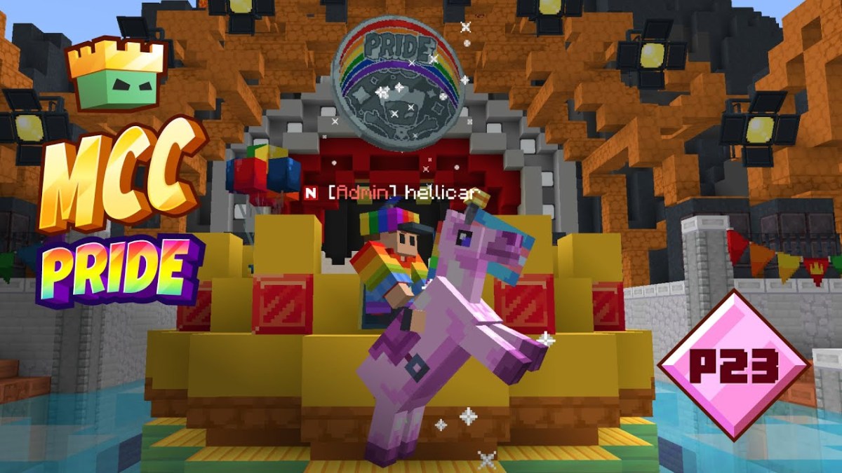 An MCC player riding a unicorn in front of the winner's podium in the MCC hub.