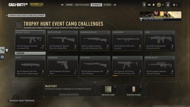 A screenshot of MW2's Trophy Hunt event challenges.
