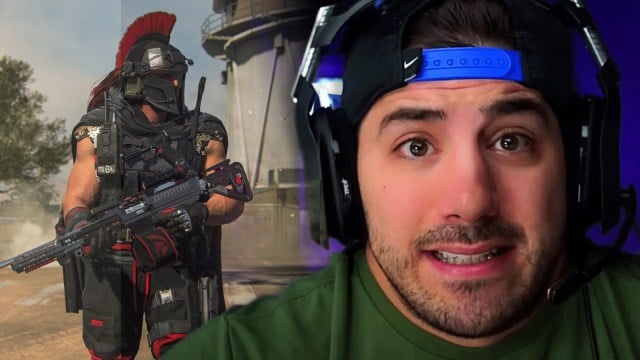 NICKMERCS looking worried next to his CoD skin.