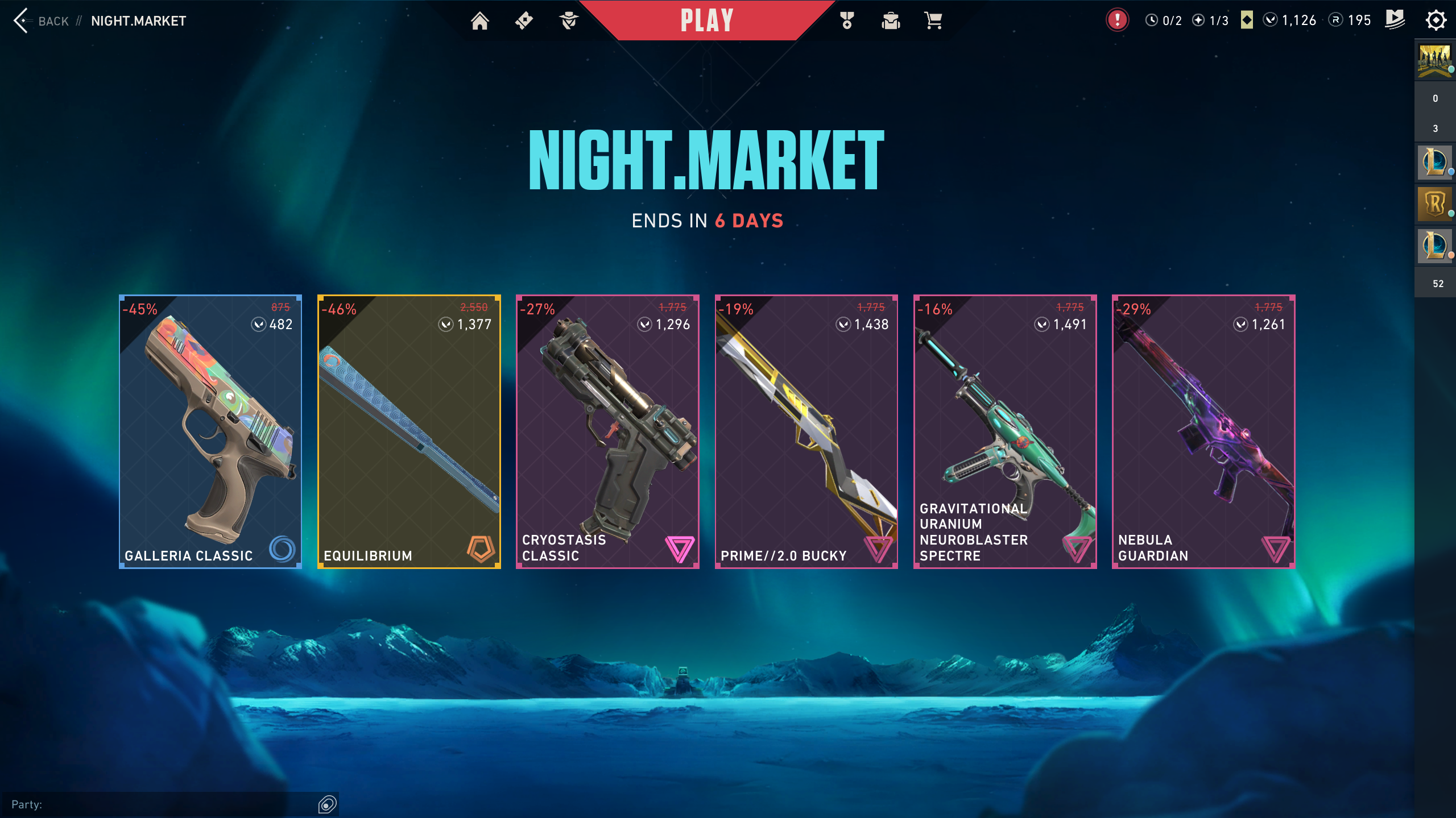 Une collection de marché de nuit ouverte, avec cinq peaux différentes pour diverses armes exposées