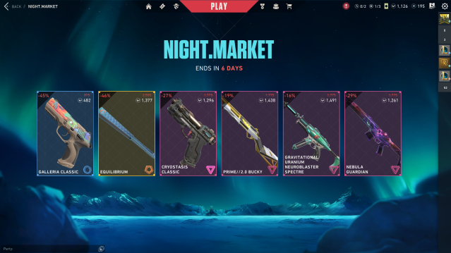 An opened Night Market collection, with five different skins for various weapons on display.